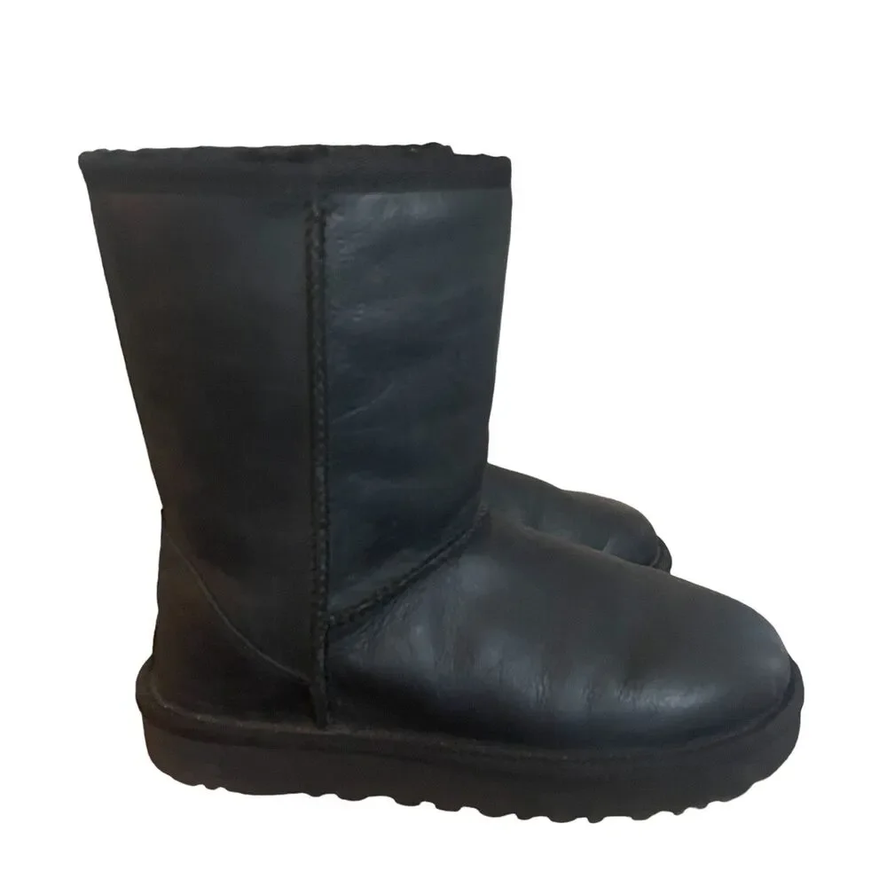 UGG Classic Short Boots Womens Size 5 Black Leather 1016559 Mid Calf